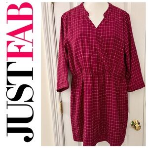 JustFab sz XXL, Dress, Crimson Red w/ Gray, faux printed wrap midi, checks, EUC